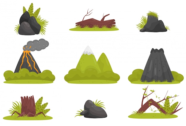 Elementos del conjunto de paisaje de bosque de selva tropical, volcán, piedras, montañas, plantas ilustración sobre un fondo blanco