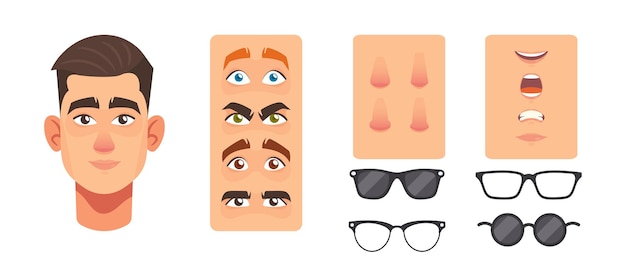 Vector elementos de constructor de cara de hombre, creación de avatar. cabeza de personaje masculino caucásico, nariz, ojos, cejas y gafas y boca o labios. construcción facial aislada sobre fondo blanco, conjunto de vectores de dibujos animados