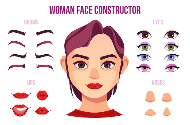 Elementos constructores de cara de mujer con diferentes colores y formas de narices ojos cejas labios y retrato de personaje femenino en el centro ilustración vectorial de dibujos animados