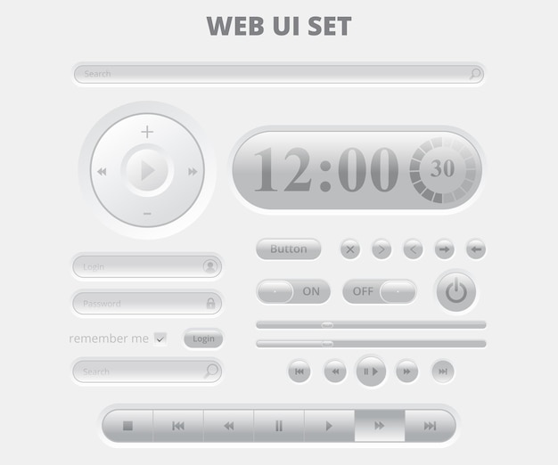 Elementos de control de la interfaz de usuario web. Botones, interruptores, barras, botón de encendido, vector deslizante