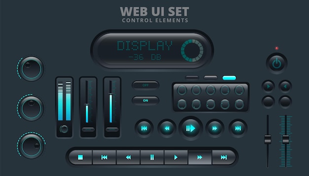 Elementos de control de interfaz de usuario web realistas. botones, interruptores, barras, botón de encendido, vector deslizante