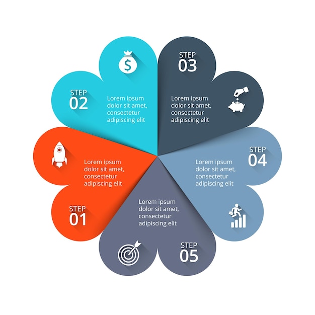 Elementos de corazón de infografía con 5 opciones. diagrama de ciclo para presentación creativa.