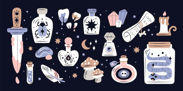 Elementos de cuentos de hadas Botellas mágicas de dibujos animados con diferentes criaturas Espada y pergamino Rollo de setos o escarabajos en frascos Pociones de brujería Química de hechiceros Conjunto de vectores llamativos