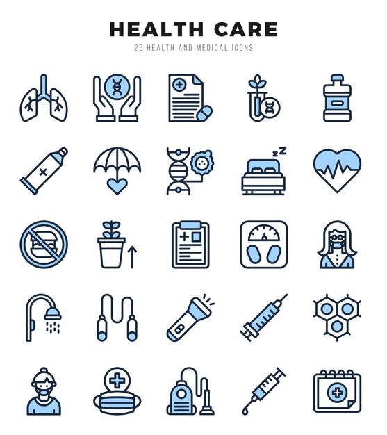 Elementos de cuidado de la salud Conjunto de íconos web de dos colores Ilustración vectorial simple