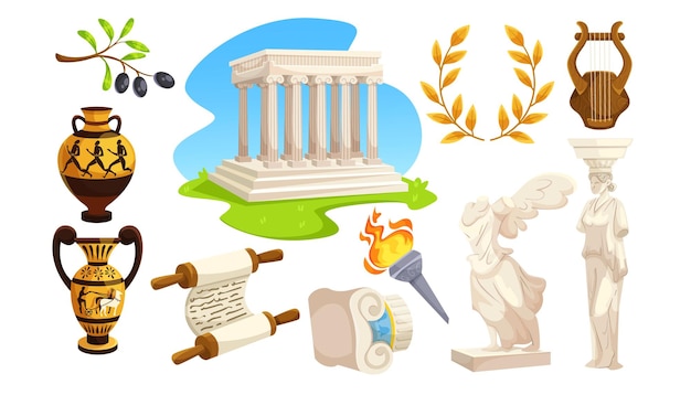 Elementos de la cultura griega antigua con arquitectura y artefactos Ilustración vectorial