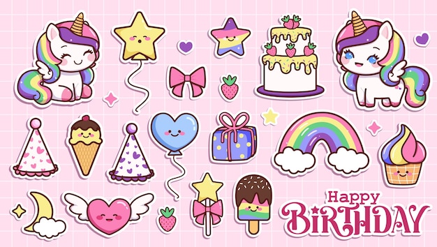 Elementos de cumpleaños adhesivo juego de clipart feliz cumpleaños texto unicornio personaje pastel helado