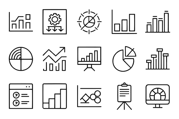 Elementos de datos diagramas de barras y pasteles para negocios relacionados conjunto de iconos editables ilustración vectorial plana aislada fondo blanco