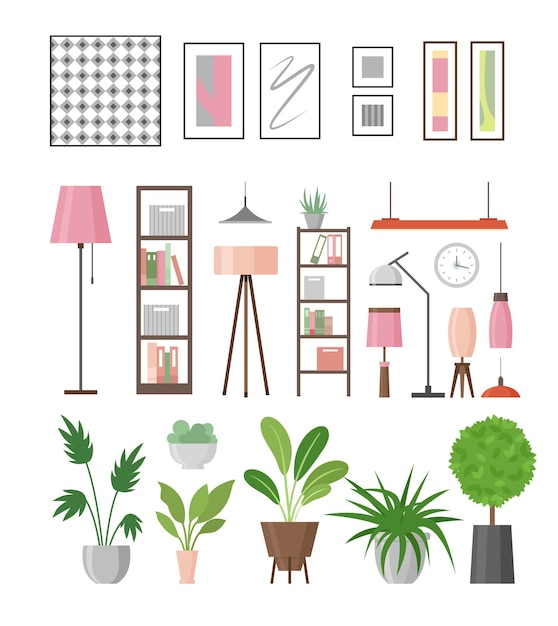 elementos de decoración interior. Plantas caseras en macetas, lámparas, estanterías y cuadros. Colección de muebles