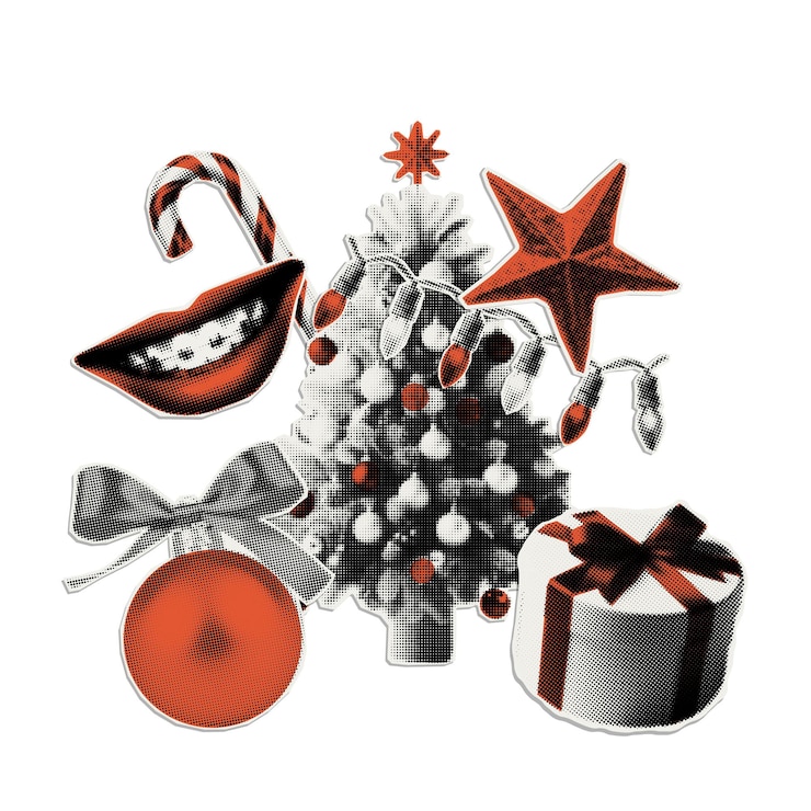 Vector elementos decorativos de año nuevo y navidad con efecto de medio tono recorte de papel de moda para estandarte de collage navideño