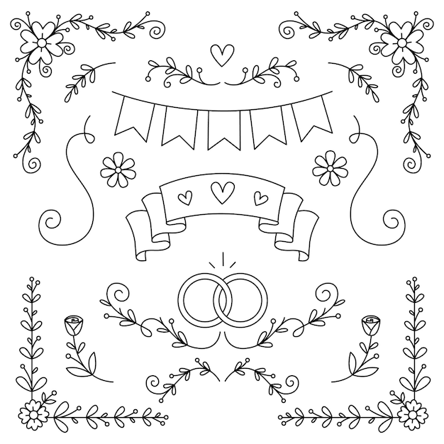 Vector elementos decorativos de bodas dibujados a mano