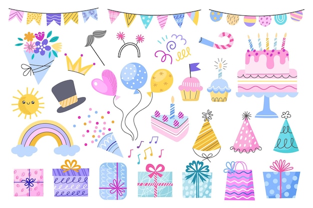 Elementos decorativos de cumpleaños Diferentes objetos de fiesta coloridos artículos de vacaciones estampados papel de envolver flores torta guirnaldas vector conjunto