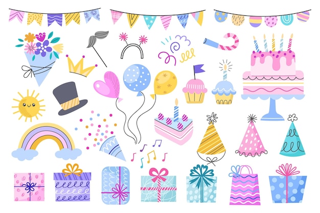 Elementos decorativos de cumpleaños diferentes objetos de fiesta coloridos artículos de vacaciones estampados papel de envolver flores torta guirnaldas vector conjunto