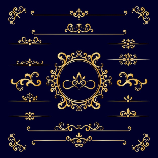Elementos decorativos elegantes y adornados con oro