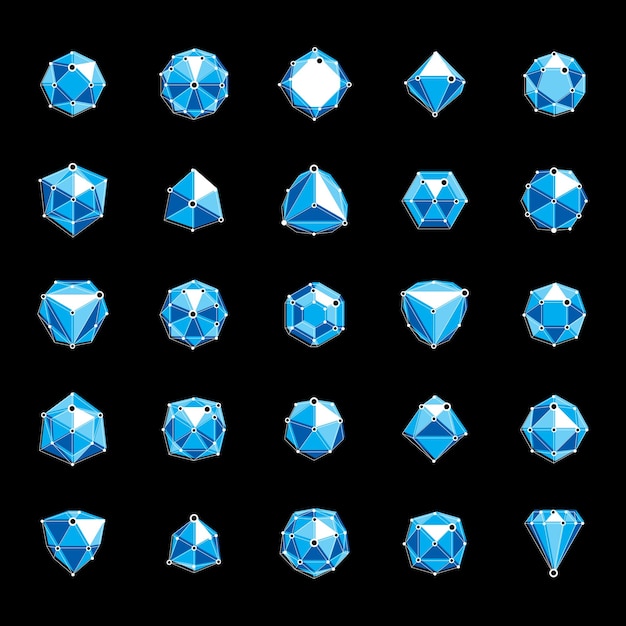Elementos decorativos facetados de lujo vectorial. Conjunto de objetos polivinílicos bajos con líneas y puntos conectados, formas geométricas 3d de estructura alámbrica para usar logotipos de desarrollo corporativo.