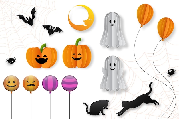 Elementos decorativos de Halloween en estilo de corte de papel, ilustración vectorial