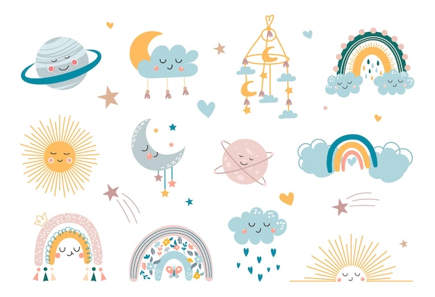 Elementos decorativos para niños dibujados a mano por boho clipart para la decoración de la guardería con arco iris lindo sol