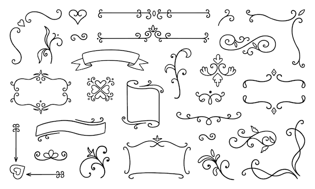 Vector elementos decorativos vintage doodle set marcos bordes remolinos divisores cintas boda página decoración en estilo boceto