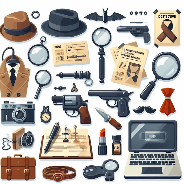 Vector los elementos de detective establecen una ilustración plana