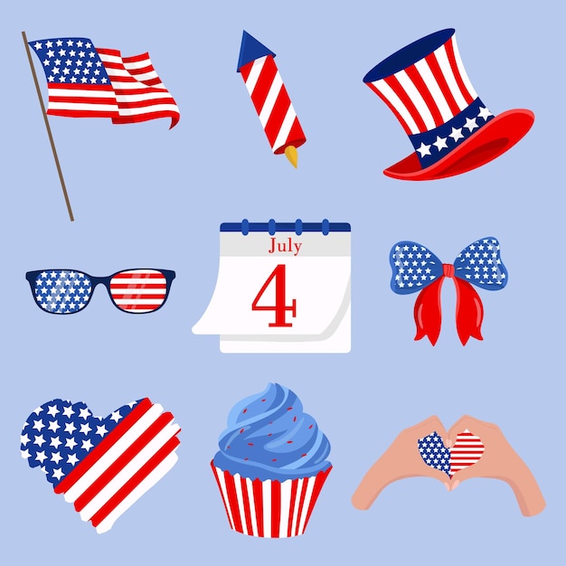 Los elementos del día de la independencia de Estados Unidos las celebraciones del 4 de julio la bandera de los Estados Unidos el sombrero del tío Sam