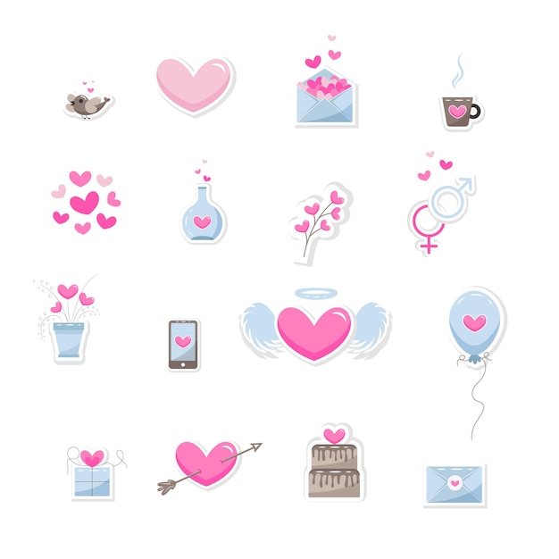 Elementos del día de San Valentín. Conjunto de lindos iconos dibujados a mano sobre el amor aislado sobre fondo blanco en delicados tonos de colores. Fondo feliz día de San Valentín. Ilustración vectorial
