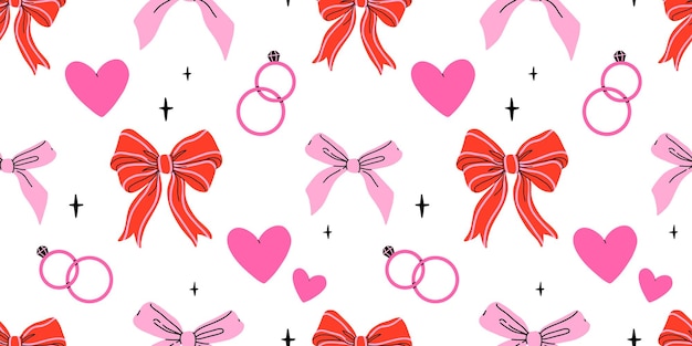 Elementos del día de San Valentín patrón sin costuras vectorial regalos sobre corazón postres mensajes dulces cerraduras y otras decoraciones tradicionales estilo doodle de dibujos animados