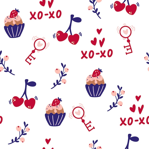Elementos del día de San Valentín de patrones sin fisuras. Cerezas, muffin, llave, frutos del bosque. Impresión para tela, textil, indumentaria, papel de regalo. Dibujar a mano ilustración vectorial.