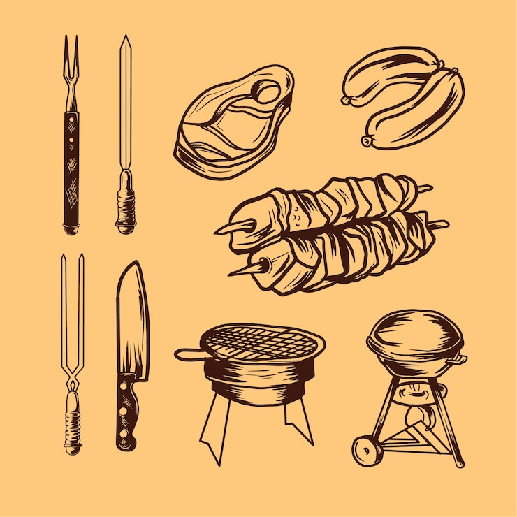 Vector elementos dibujados a mano de barbacoa