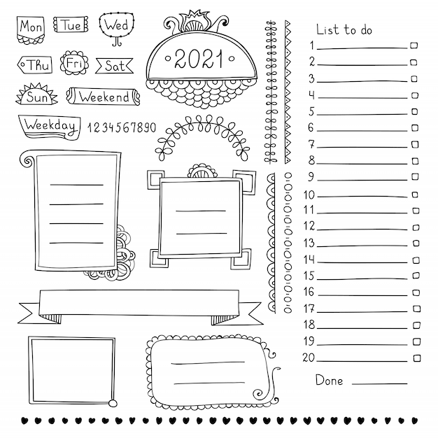 Elementos dibujados a mano de Bullet journal para cuaderno, diario y planificador. Banners de Doodle aislados sobre fondo blanco. Días de la semana, notas, lista, marcos, separadores, cintas.