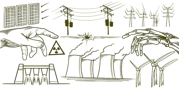 Vector elementos dibujados a mano de un conjunto de dibujos ecológicos de energía renovable de save earth