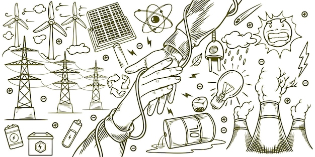 Elementos dibujados a mano de un conjunto de dibujos ecológicos de energía renovable de Save Earth