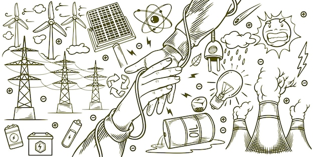 Vector elementos dibujados a mano de un conjunto de dibujos ecológicos de energía renovable de save earth