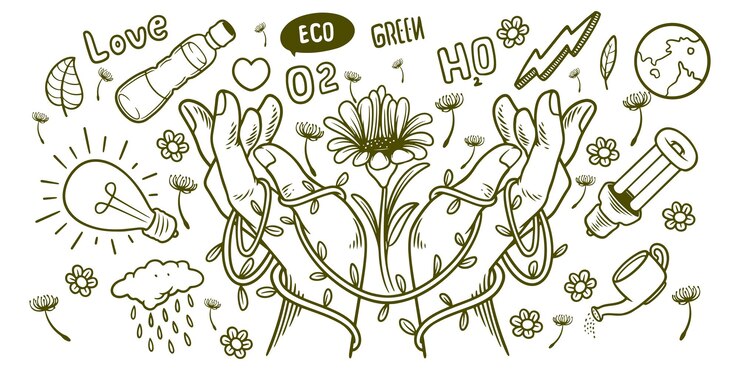Elementos dibujados a mano de un conjunto de dibujos ecológicos de energía renovable de Save Earth
