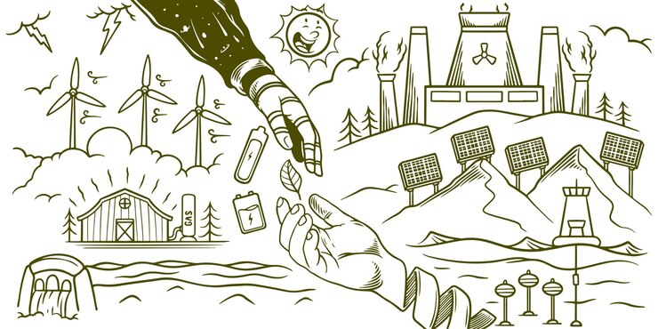 Elementos dibujados a mano de un conjunto de dibujos ecológicos de energía renovable de Save Earth