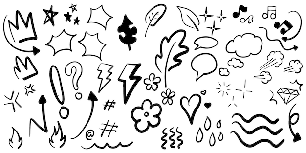 elementos dibujados a mano conjunto de paquetes de dibujos aislados sobre un fondo blanco