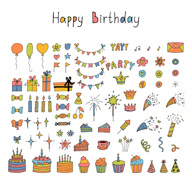 Elementos dibujados a mano de cumpleaños Colección de vacaciones Decoración de Doodle Clipart de tiempo de fiesta Conjunto de elementos de fiesta