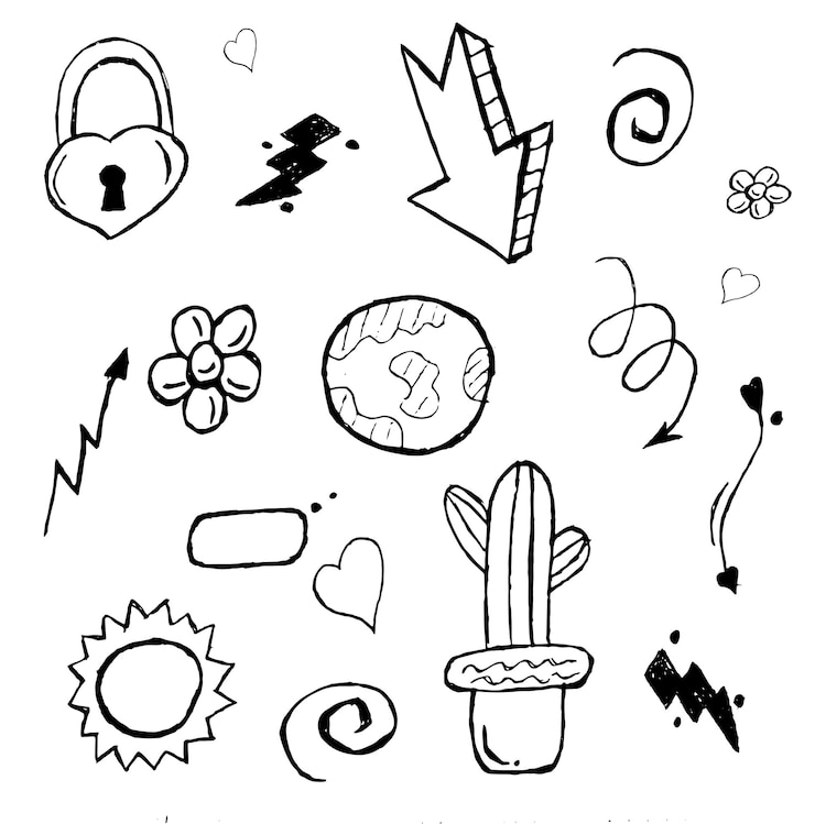 Vector elementos dibujados a mano, dibujos lindos y divertidos con corazones y símbolos