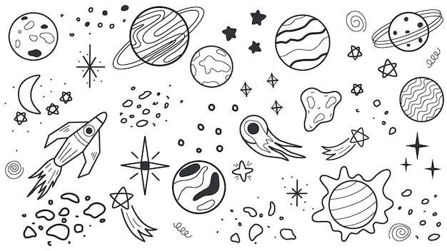 Elementos dibujados a mano del espacio exterior