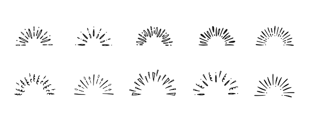 Elementos dibujados a mano de estallido estelar Dibujo de garabato de estallido de sol circular Insignia de diseño enmarcado o decoración de etiqueta Esquema abstracto explosión de estrella o explosión de fuegos artificiales o rayos de luz Conjunto de iconos aislados de vector