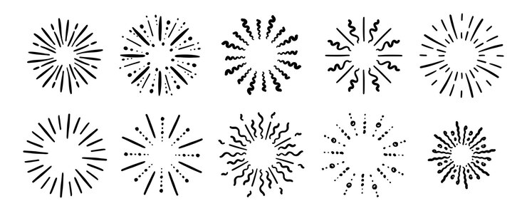 Vector elementos dibujados a mano de estallido estelar dibujo de garabato de estallido de sol circular insignia de diseño enmarcado o decoración de etiqueta esquema abstracto explosión de estrella o explosión de fuegos artificiales o rayos de luz conjunto de iconos aislados de vector