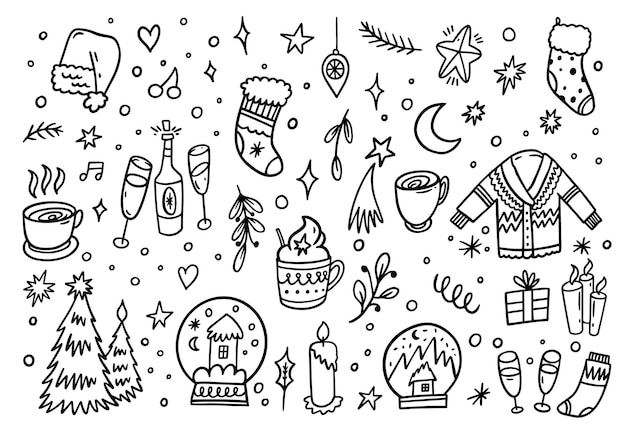 Elementos dibujados a mano de invierno y año nuevo en estilo de dibujos animados