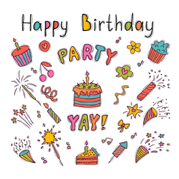 Elementos dibujados a mano Tarjeta postal de cumpleaños Conjunto de elementos de diseño de fiestas Decoración de Doodle