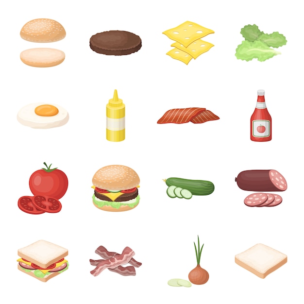 Elementos de dibujos animados de hamburguesas e ingredientes en conjunto para el diseño.