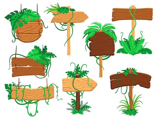 Elementos de dibujos animados de la jungla Plantas exóticas tropicales y tráfico de letreros de madera Puntero del juego forestal Poste indicador decorativo con liana Conjunto de vectores limpios de juegos aislados