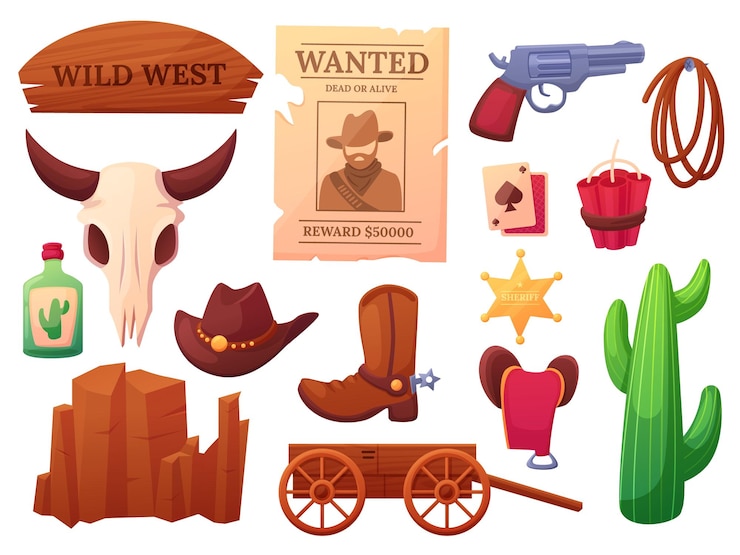 Vector elementos de dibujos animados occidentales emblemas de vaquero y oeste salvaje botas de cuero y sombrero cactus mexicano y cráneo de animal clipart vectorial de nowaday