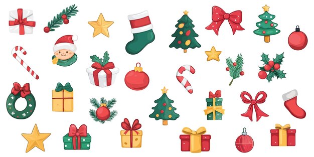 elementos de dibujos animados vectoriales de navidad conjunto simple aislado en blanco