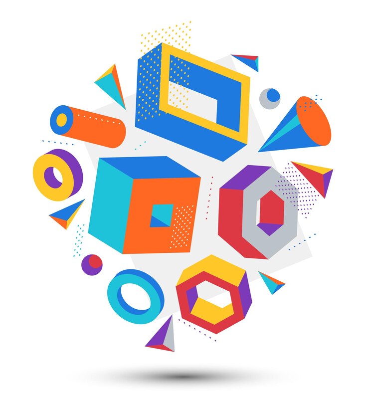 Vector elementos de diseño 3d coloridos y positivos, composición vectorial aislada en fondo blanco, cajas y cilindros y otras formas simples y elegantes.