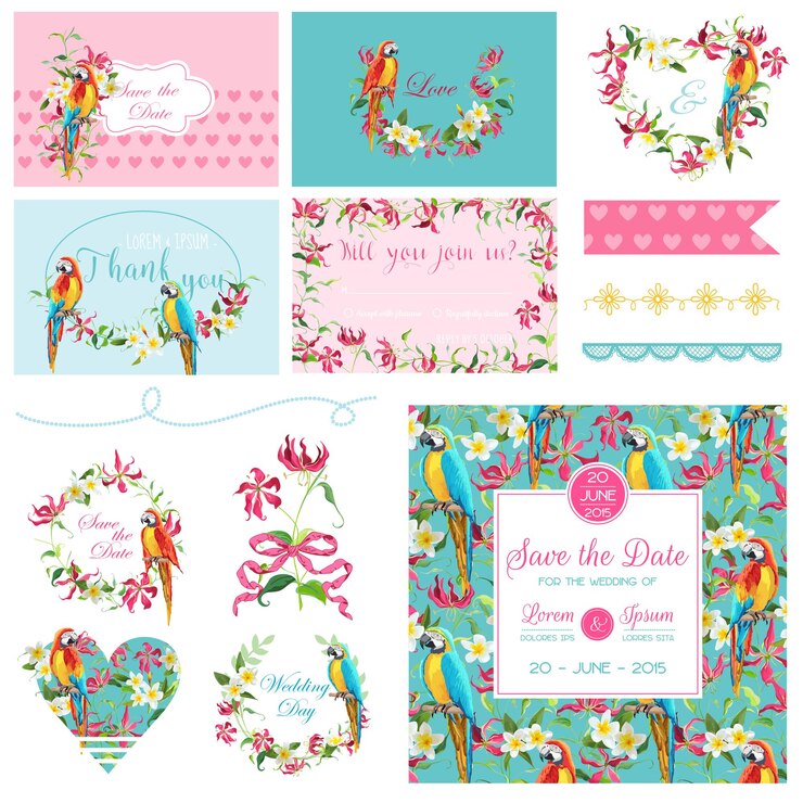 Vector elementos de diseño de álbum de recortes. boda flores tropicales y conjunto de aves loro