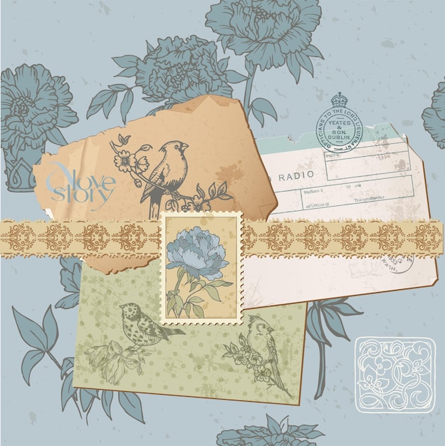 Vector elementos de diseño de bloc de notas - vintage bird and peony set