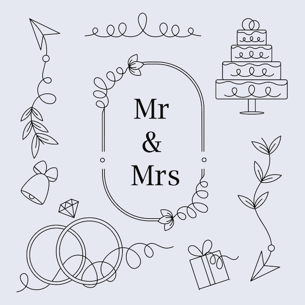 Elementos para el diseño de la boda en el fondo con imagen vectorial en estilo doodle