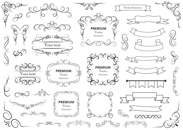 Elementos de diseño caligráfico Remolinos decorativos o pergaminos Marcos vintage Florece etiquetas